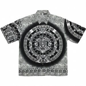 Moon Aztec Shirt Mens Medium Sun Stone Calendar AOP Black Gray Short Sleeve